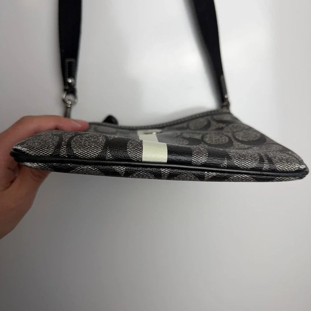 Coach Crossbody Bag Womens Small Black Signature Avary Canvas Stripe Blue Lining